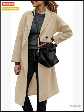 Double-Breasted Peacoat Mid Long Trench Coat with Turn Down Collar